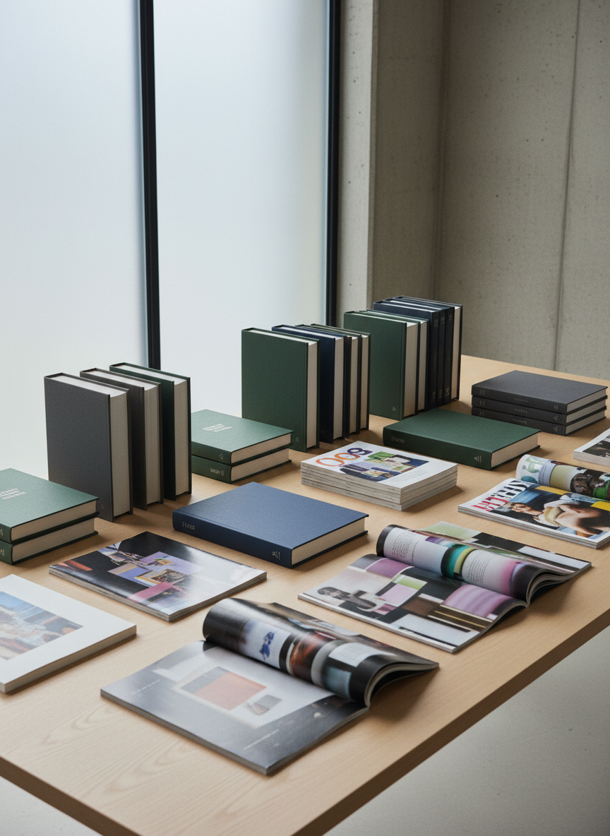 An array of freshly printed books and magazines displayed on a smooth, light wood table in a modern print studio. Thick, matte-cover books with crisp spines sit beside glossy, vibrant magazines featuring rich, saturated images and fine typography, all photographed in realistic detail without readable text. Soft, diffused daylight pours in from an unseen window, creating gentle highlights on the coated papers and subtle shadows between the stacked publications. Captured from a slightly elevated angle with sharp focus throughout, the scene feels professional and curated, showcasing the quality and variety of offset and digital printing produced by a specialized manufacturer.