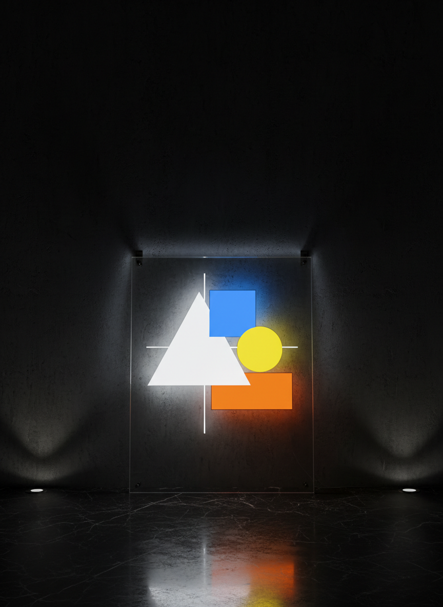 A nighttime exterior-style studio setup featuring a sleek acrylic luminous sign resting against a dark, textured wall, its internal LEDs casting a clean, bright glow on the surrounding surface. The sign features abstract geometric shapes and color blocks instead of text, hinting at professional branding. Photographic realism captures the glossy edges of the acrylic, metal mounting hardware, and subtle reflections on the polished floor beneath. Low-key lighting in the room allows the sign’s white and colored light to dominate, creating dramatic shadows and a bold, contemporary mood. Framed straight-on with symmetrical composition, the image conveys impact, visibility, and the quality of custom luminous signage.