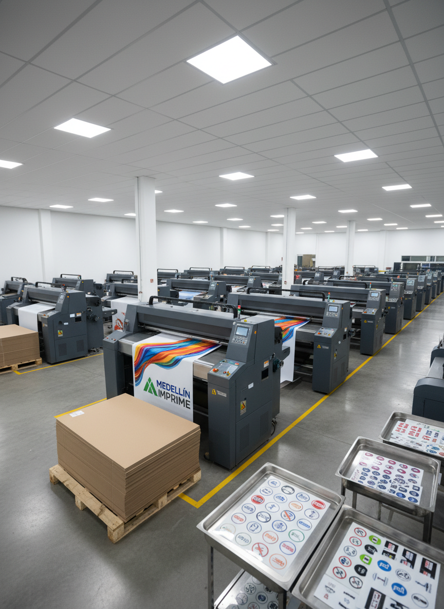 A wide photographic interior view of a professional printing facility in Medellín, showing multiple digital, laser, and large-format machines arranged in an orderly layout. Rolls of wide-format media feed into a grand-format printer producing a bright vinyl banner, while stacks of cardboard for packaging and trays of stickers sit on worktables. Neutral overhead lighting evenly illuminates the space, highlighting the cleanliness and efficiency of the workspace. Shot with a wide-angle lens at eye level, the composition leads the eye through the production area, conveying scale, organization, and the capacity of a direct manufacturer without any human presence.