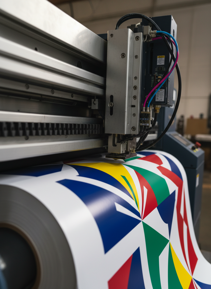 A close-up, photographic shot of a large-format printer producing a vivid outdoor banner, the printhead gliding smoothly over a roll of heavy vinyl. The emerging image shows bold colors and crisp geometric shapes suggestive of a political campaign design, without legible text or faces. The machine’s metal components, cable tracks, and ink lines appear in precise detail, with soft studio-style lighting creating controlled reflections and subtle shadows. Captured from a low, side angle with shallow depth of field, the focus is on the sharp ink droplets forming a smooth, uniform surface, evoking power, scale, and the impact of professional campaign signage printing.