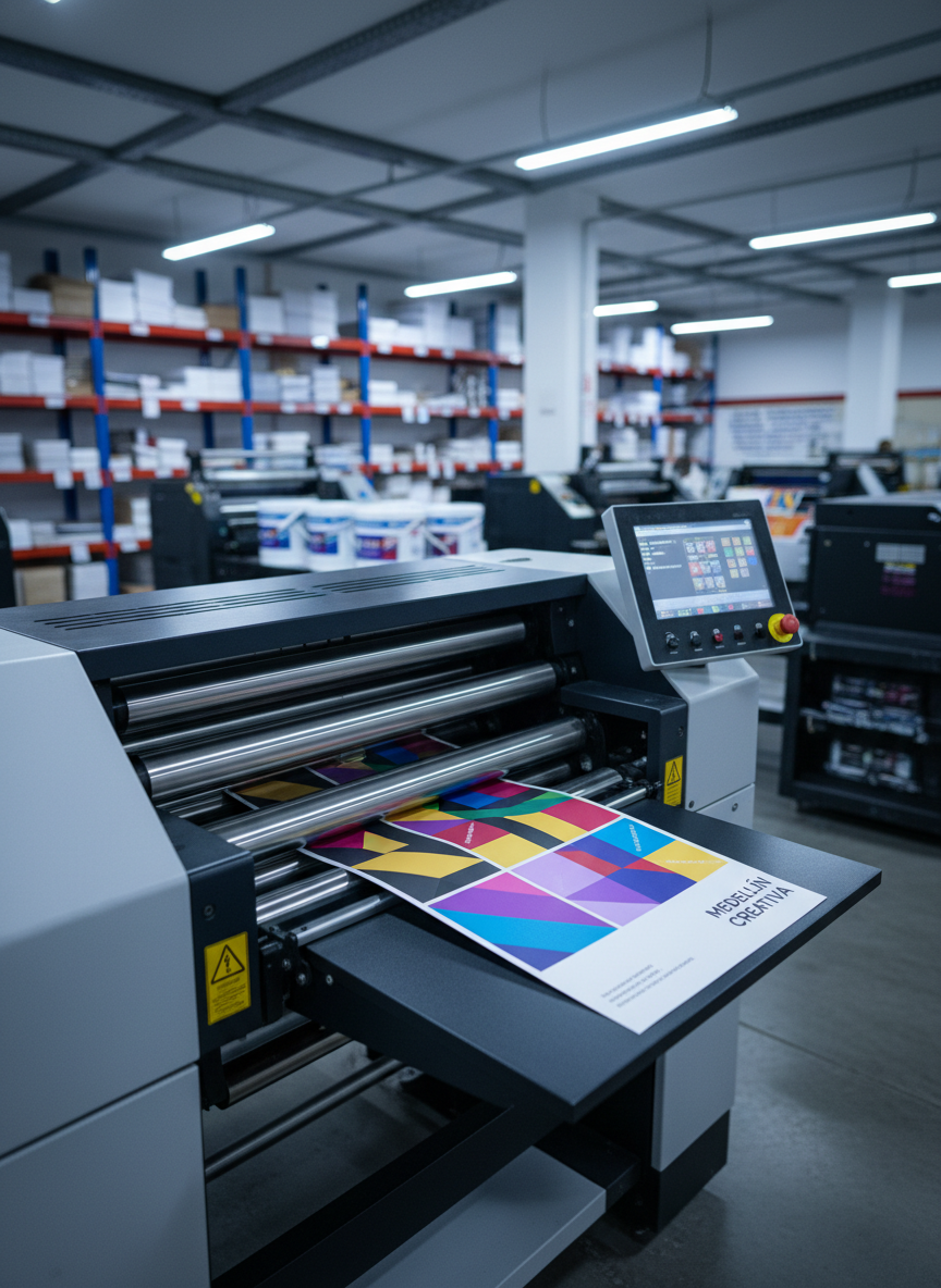 A high-end digital printing press captured in photographic realism, its metallic rollers and vibrant control panel in sharp focus as a full-color sheet of brochures emerges. The machine sits in a clean, organized Medellín print shop, surrounded by neatly stacked reams of paper and shelves with inks and substrates. Cool, even overhead LED lighting reveals every texture of the machinery and printed sheet, casting soft shadows on the polished concrete floor. Shot at eye level with a slight three-quarter angle, the composition emphasizes precision, technology, and reliability, with a shallow depth of field gently blurring the rest of the production floor into a professional, efficient atmosphere.