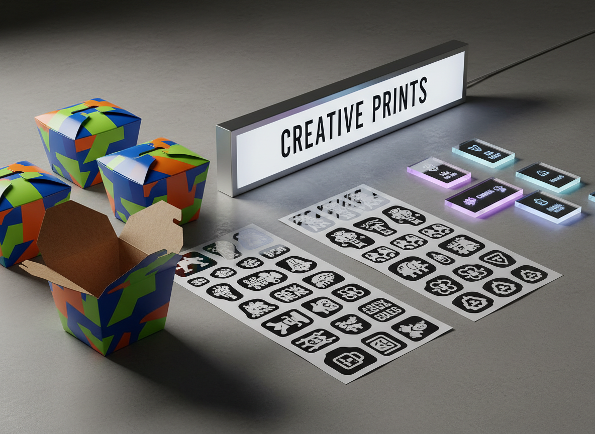 A meticulously arranged display of printed products from a creative print shop: folded take-out food boxes with vivid branding, sheets of kiss-cut stickers on glossy backing, small acrylic signs with luminous edges, and a slim illuminated lightbox sign, all placed on a neutral gray workbench. Photographic realism reveals the textures of corrugated board, smooth coated paper, shiny vinyl, and polished acrylic. Soft, directional overhead lighting creates clear highlights on the acrylic edges and gentle shadows under the packaging. Shot from a three-quarter elevated angle using the rule of thirds, the composition feels modern and dynamic, emphasizing versatility in packaging, stickers, and signage fabrication.